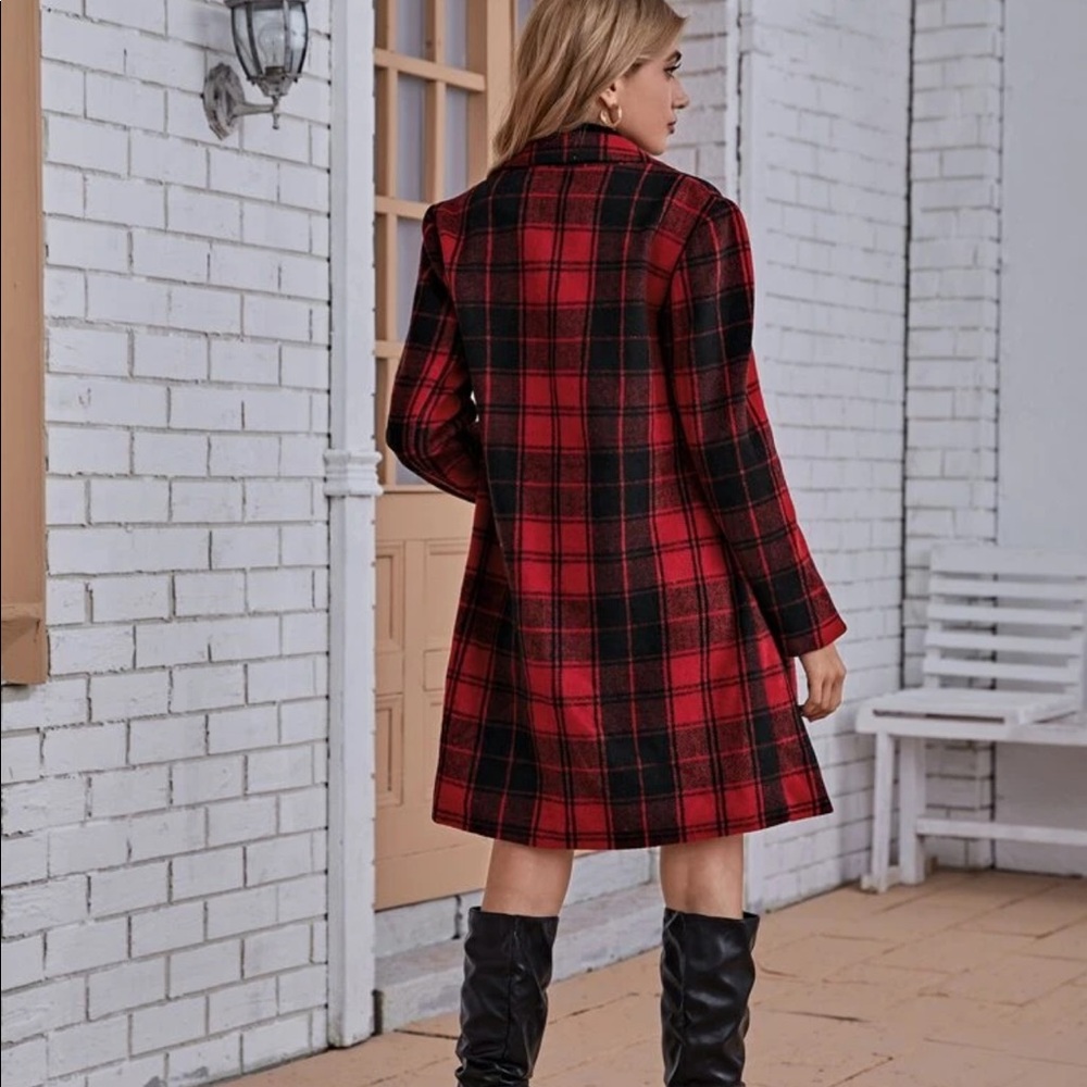 Plaid red long pea trenchcoat preppy woolmix - Picture 3 of 3